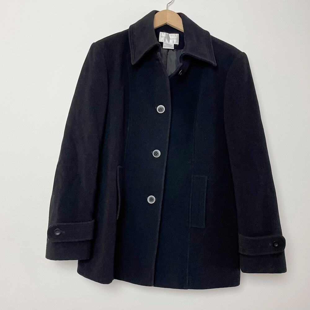Black Wool Blend Pea Coat Large Minimalist Preppy Quiet Luxury Old Money Classic